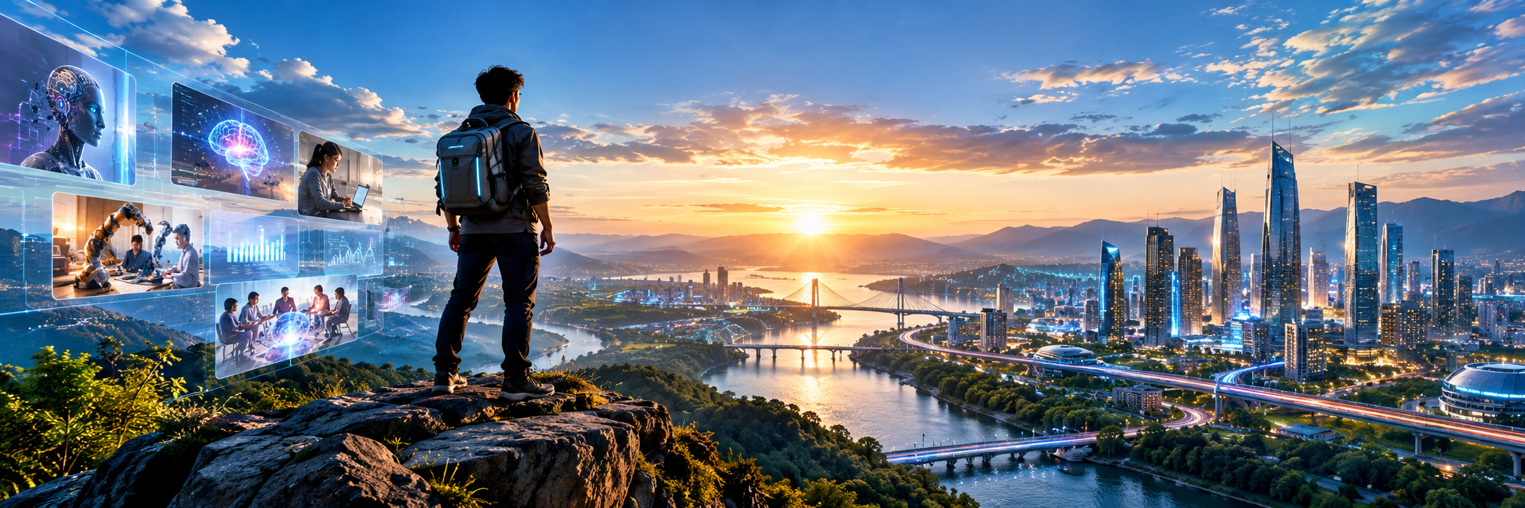 A traveler looks across a mountain lake at sunrise